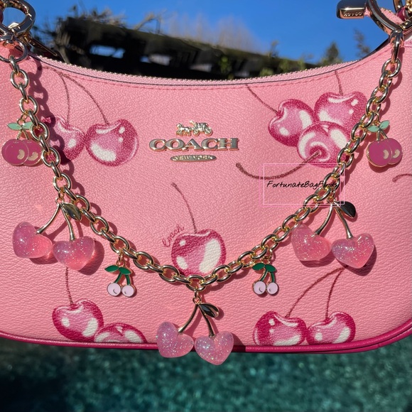 Baby Pink Heart Cherry Bag Charm Chain Purse Charm Chain Strap FortunateBagFinds - Picture 6 of 12